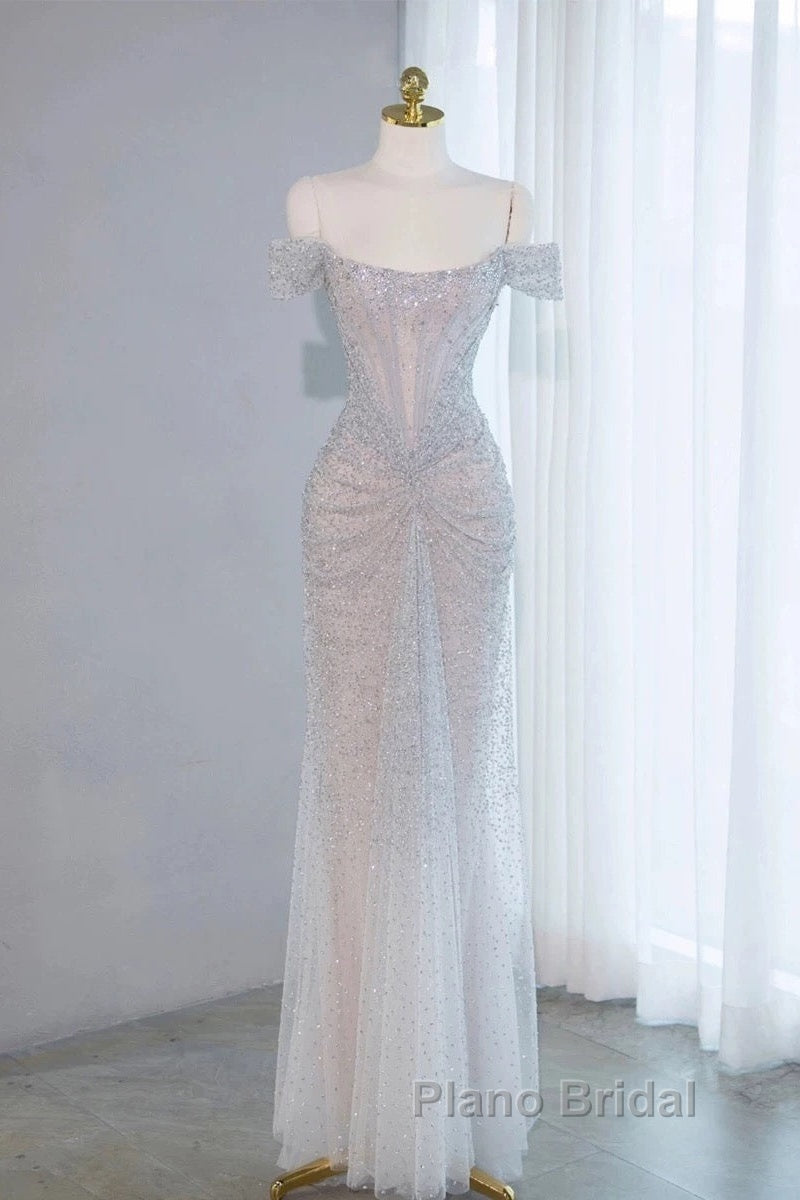 Pretty Mermaid Off The Shoulder Silver Sequin Evening Dresses Formal Prom Dresses