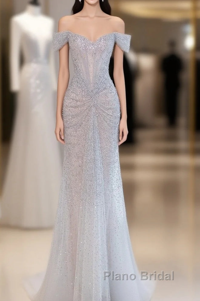Pretty Mermaid Off The Shoulder Silver Sequin Evening Dresses Formal Prom Dresses Main image