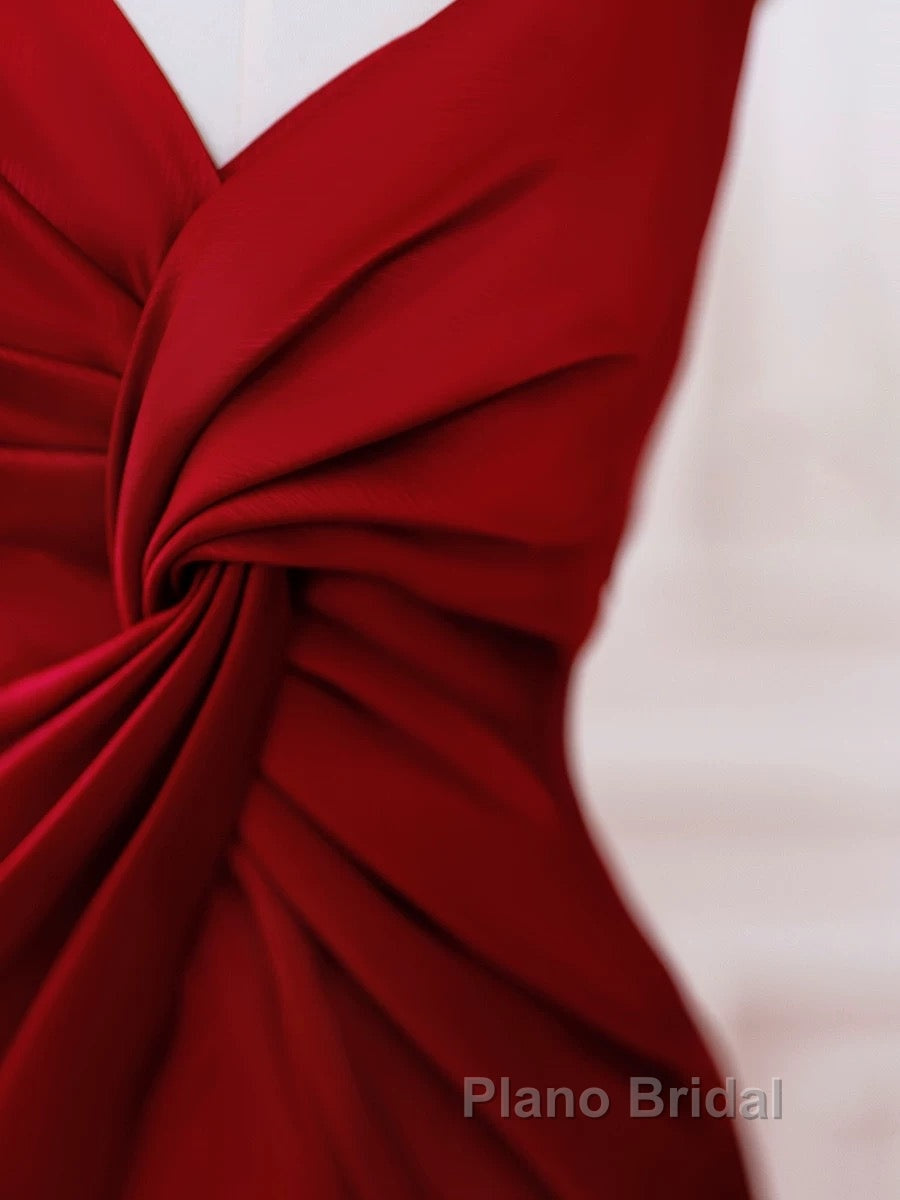 Pretty Mermaid One Shoulder Red Satin Long Evening Dresses Formal Prom Dresses