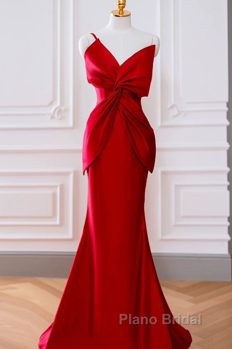 Pretty Mermaid One Shoulder Red Satin Long Evening Dresses Formal Prom Dresses