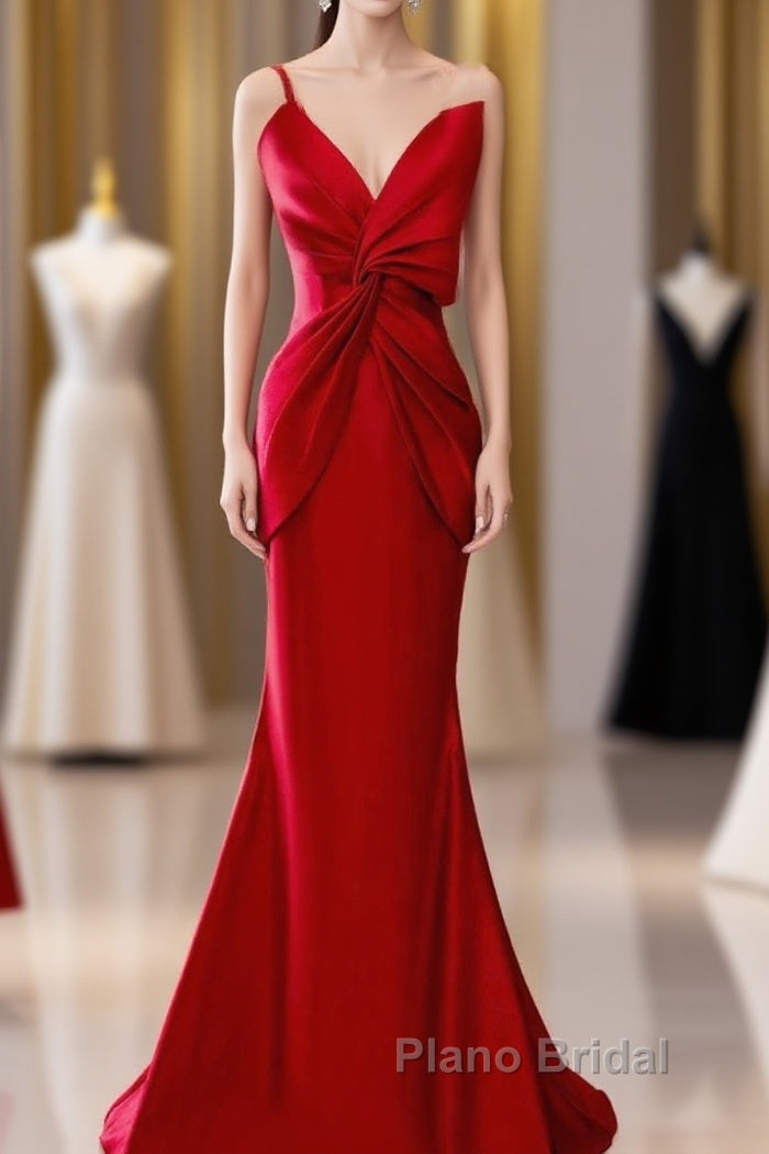 Pretty Mermaid One Shoulder Red Satin Long Evening Dresses Formal Prom Dresses