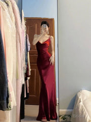 Pretty Mermaid Spaghetti Straps Burgundy Satin Long Floor Length Prom Dresses
