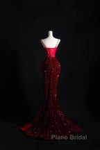 Pretty Mermaid Spaghetti Straps Sequin Beads Burgundy Long Formal Prom Dresses Formal Evening Dresses