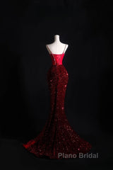 Pretty Mermaid Spaghetti Straps Sequin Beads Burgundy Long Formal Prom Dresses Formal Evening Dresses