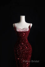 Pretty Mermaid Spaghetti Straps Sequin Beads Burgundy Long Formal Prom Dresses Formal Evening Dresses