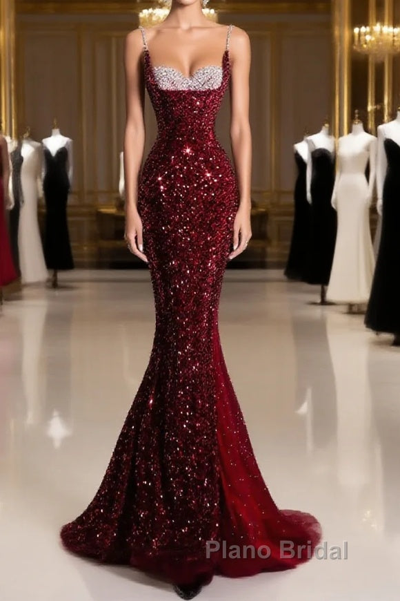 Pretty Mermaid Spaghetti Straps Sequin Beads Burgundy Long Formal Prom Dresses Formal Evening Dresses Main image