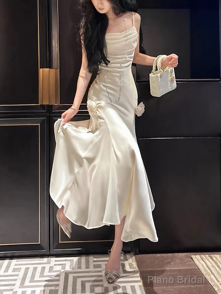 Pretty Mermaid Spaghetti Straps White Satin Prom Dresses Long Evening Gowns Secondary image