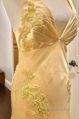 Pretty Mermaid Spaghetti Straps Yellow Backless Long Party Dresses Formal Prom Dresses