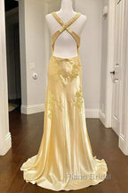 Pretty Mermaid Spaghetti Straps Yellow Backless Long Party Dresses Formal Prom Dresses