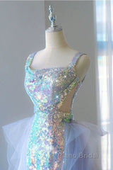 Pretty Mermaid Square Neckline Sequin Long Evening Dresses Formal Prom Dresses