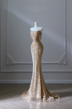 Pretty Mermaid Strapless Gold Sequin Beads Long Formal Prom Dresses Formal Evening Dresses