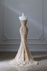 Pretty Mermaid Strapless Gold Sequin Beads Long Formal Prom Dresses Formal Evening Dresses