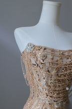 Pretty Mermaid Strapless Gold Sequin Beads Long Formal Prom Dresses Formal Evening Dresses