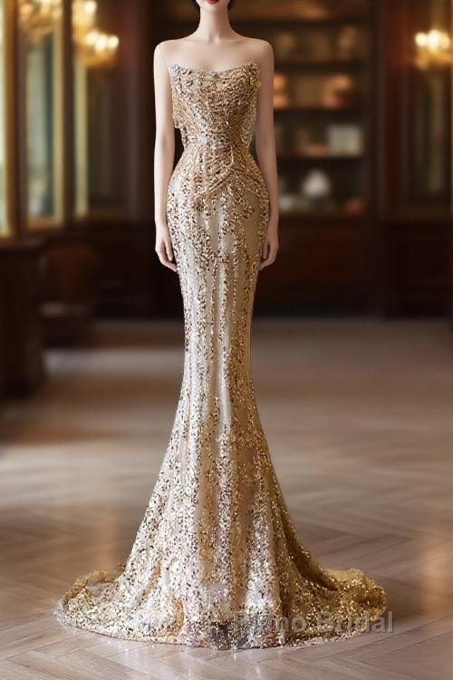 Pretty Mermaid Strapless Gold Sequin Beads Long Formal Prom Dresses Formal Evening Dresses Main image