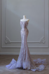 Pretty Mermaid Strapless Lilac Sequin Beads Long Formal Prom Dresses Formal Evening Dresses