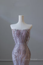 Pretty Mermaid Strapless Lilac Sequin Beads Long Formal Prom Dresses Formal Evening Dresses
