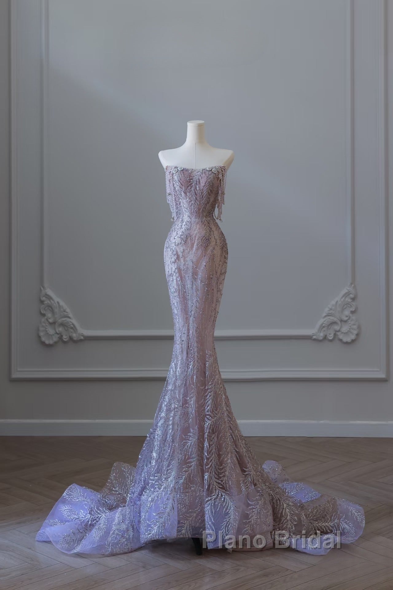 Pretty Mermaid Strapless Lilac Sequin Beads Long Formal Prom Dresses Formal Evening Dresses