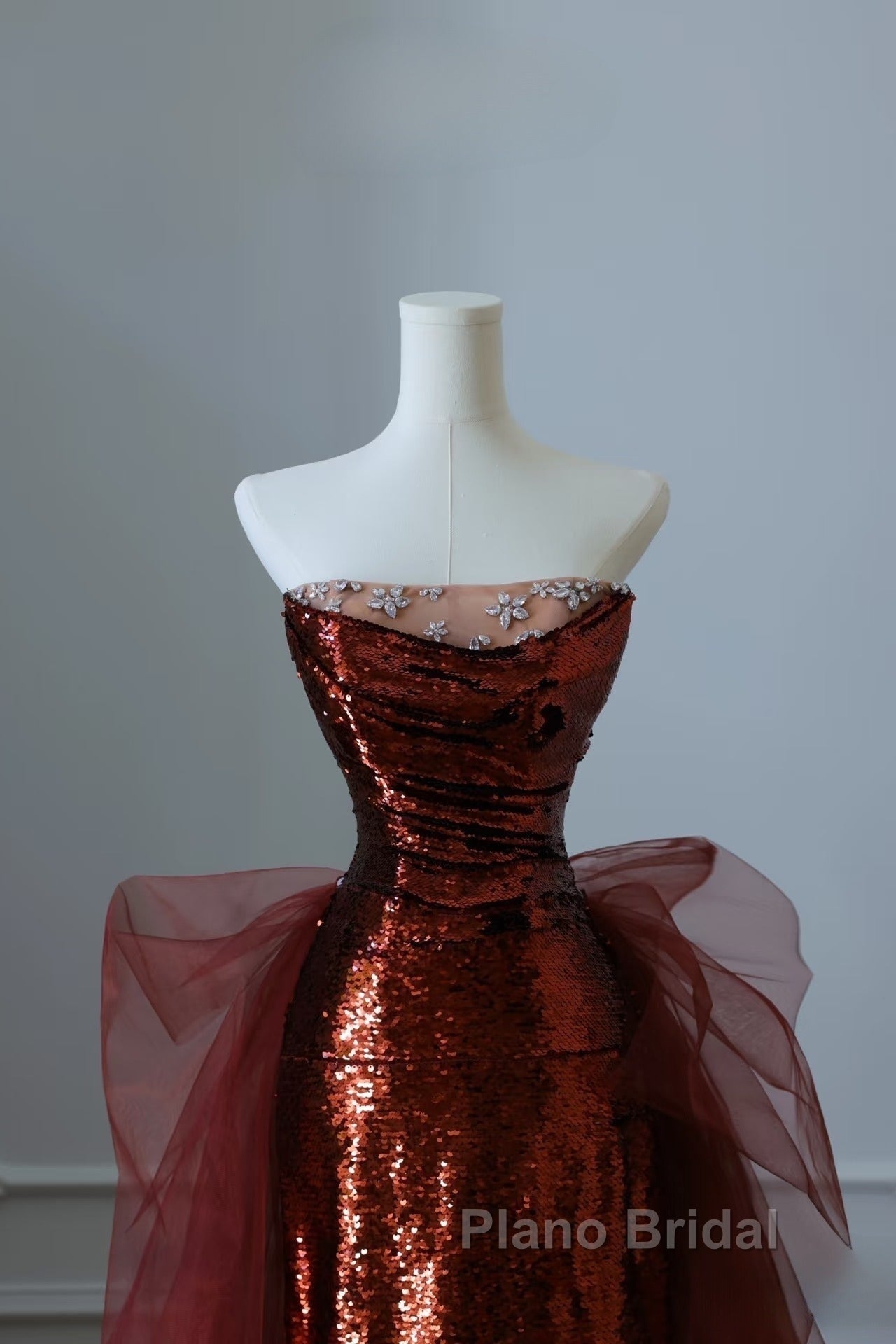 Pretty Mermaid Strapless Sequin Long Burgundy Ruffles Long Formal Prom Dresses Formal Evening Dresses