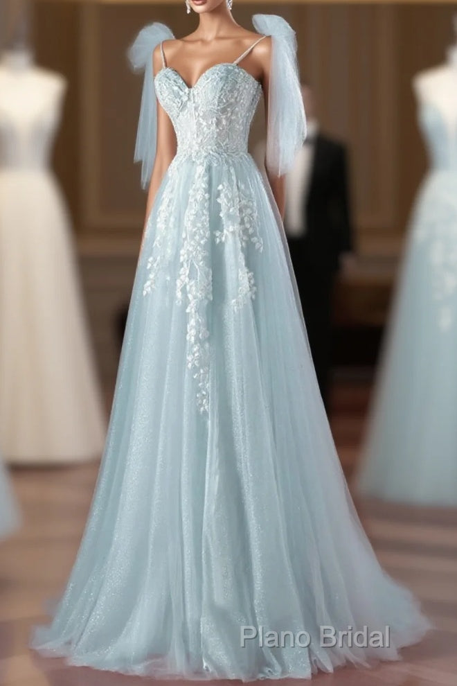 Pretty Mint Blue Tulle With Lace A-Line Long Party Dresses, Mint Blue Formal Prom Dresses Fornal Dresses Main image
