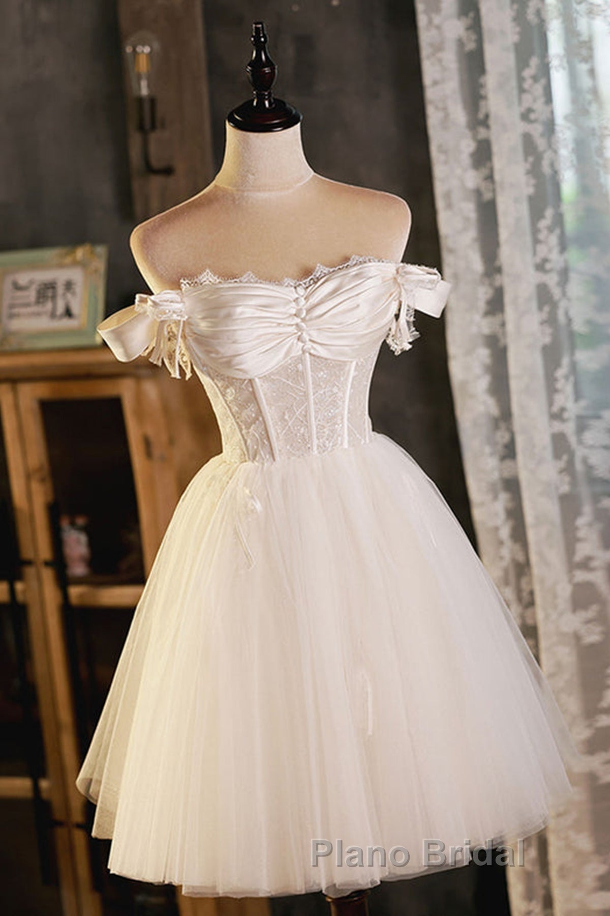 Pretty Off Shoulder Ivory Formal Prom Dresses Short, Ivory Homecoming Dresses, Formal Graduation Evening Dresses Secondary image