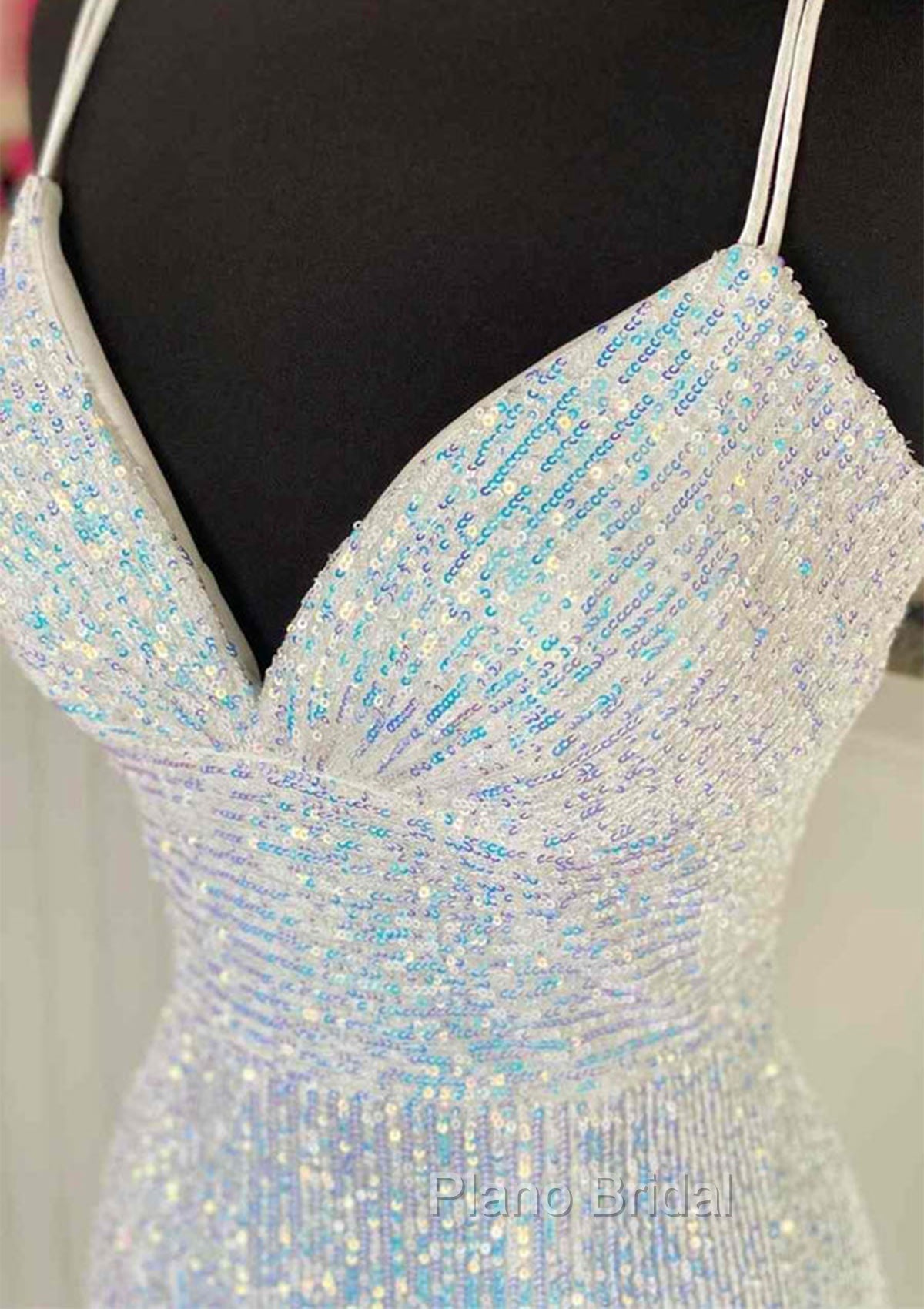 Pretty Formal Prom Dresses, Sheath/Column V Neck Spaghetti Straps Sweep Train Sequined Formal Prom Dresses With Pleated