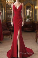 Pretty Red Mermaid Straps Long Evening Dresses With Leg Slit, Red Formal Prom Dresses