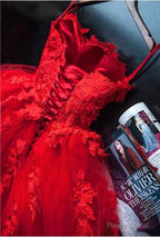 Pretty Red Sweetheart Strapless Ball Gown Applique Tulle Long Prom Dress,Party Dresses