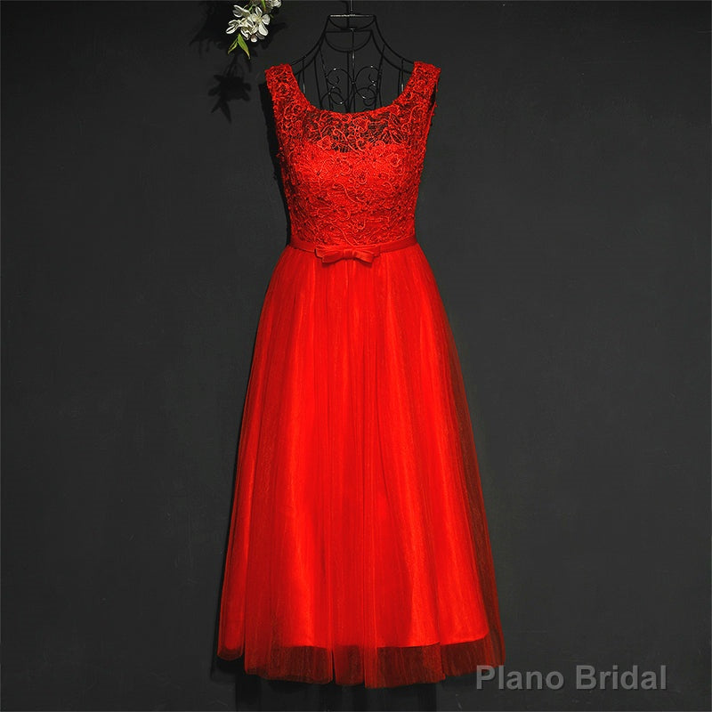 Pretty Red Tulle and Lace Tea Length Party Dress, Red Bridesmaid Dress Main image