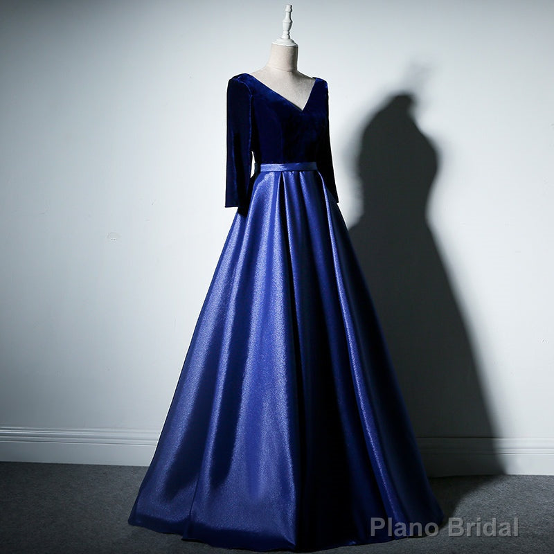 Pretty Royal Blue Long Sleeves Satin with Velvet Party Dress, A-line Long Prom Dress