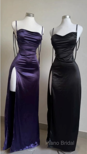 Pretty Sheath Spaghetti Straps Floor Length Ruffles Grape Slit Formal Prom Dresses