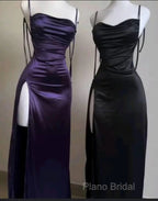 Pretty Sheath Spaghetti Straps Floor Length Ruffles Grape Slit Formal Prom Dresses
