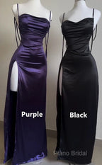 Pretty Sheath Spaghetti Straps Floor Length Ruffles Grape Slit Formal Prom Dresses