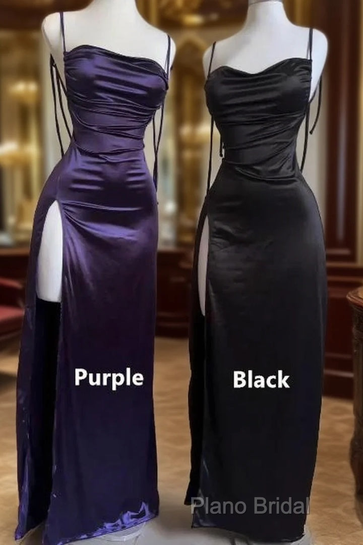 Pretty Sheath Spaghetti Straps Floor Length Ruffles Grape Slit Formal Prom Dresses