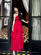 Pretty Sheath Spaghetti Straps Red Long Length Chiffon Prom Dresses Evening Gowns Birthday Dress