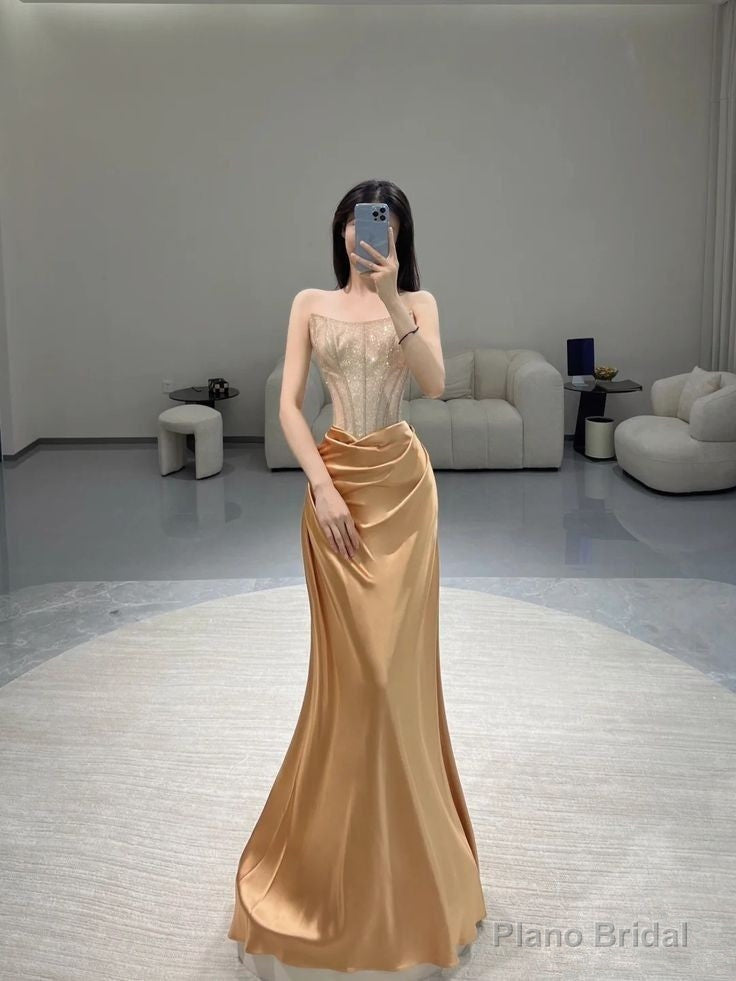 Pretty Sheath Strapless Neckline Sleeveless Evening Dress Gold Satin Prom Dresses Main image