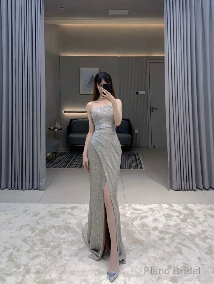 Pretty Sheath Strapless Neckline Sleeveless Party Dress Silver Sequin Prom Dresses Main image