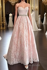 Pretty Sweetheart Neck Pink Lace Formal Prom Dresses, Pink Evening Dresses