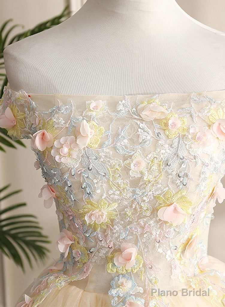 Pretty Tulle Champagne Off Shoulder  Prom Dress, Flowers Lace Formal Dress Secondary image