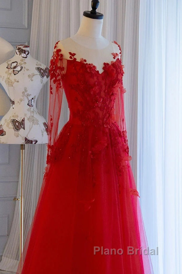 Pretty Tulle Long Formal Prom Dresses With Applique,Red Party Dresses Formal Evening Dresses