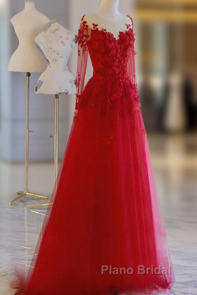 Pretty Tulle Long Formal Prom Dresses With Applique,Red Party Dresses Formal Evening Dresses Main image