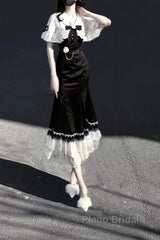 Princess A Line Black Satin Long Formal Prom Dresses Night Lolita Dresses Birthday Outfits