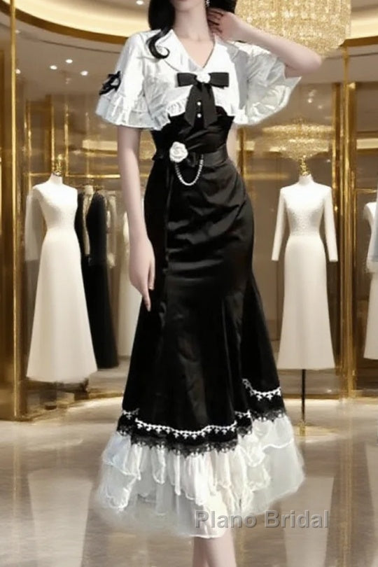 Princess A Line Black Satin Long Formal Prom Dresses Night Lolita Dresses Birthday Outfits Main image