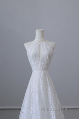 Princess A Line High Neckline White Lace Long Wedding Dresses Brides Dresses