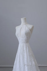 Princess A Line High Neckline White Lace Long Wedding Dresses Brides Dresses