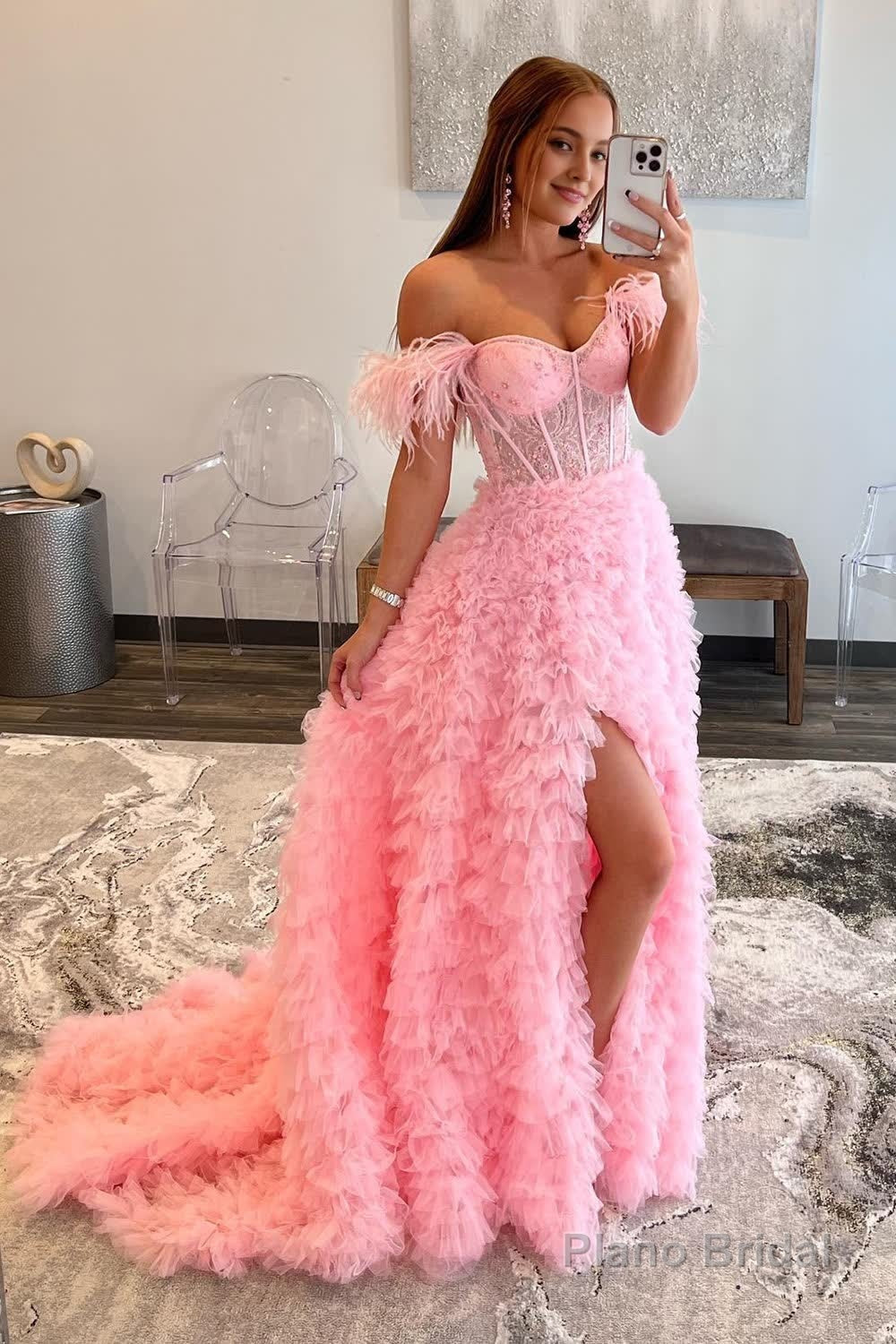 Princess A Line Off the Shoulder Pink Long Prom Dress with Feather Main image
