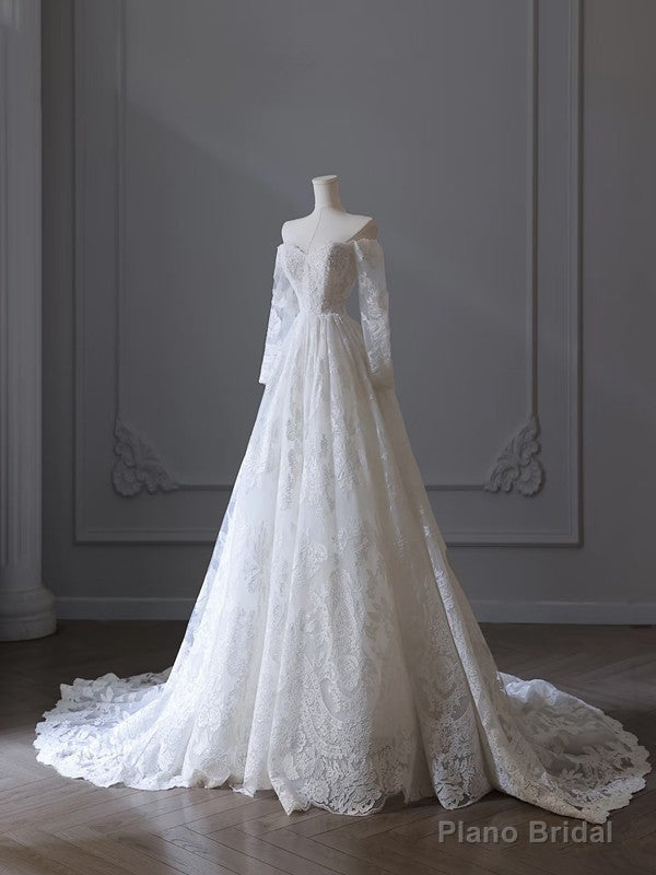 Princess A line Off The Shoulder White Lace Long Wedding Dresses Brides Dress Secondary image