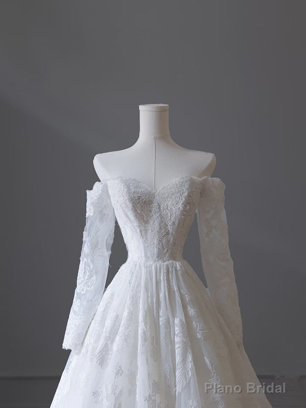 Princess A line Off The Shoulder White Lace Long Wedding Dresses Brides Dress