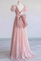 Princess A Line Pink Short Sleeves Sequin Long Formal Prom Dresses