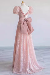 Princess A Line Pink Short Sleeves Sequin Long Formal Prom Dresses