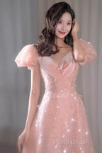 Princess A Line Pink Short Sleeves Sequin Long Formal Prom Dresses